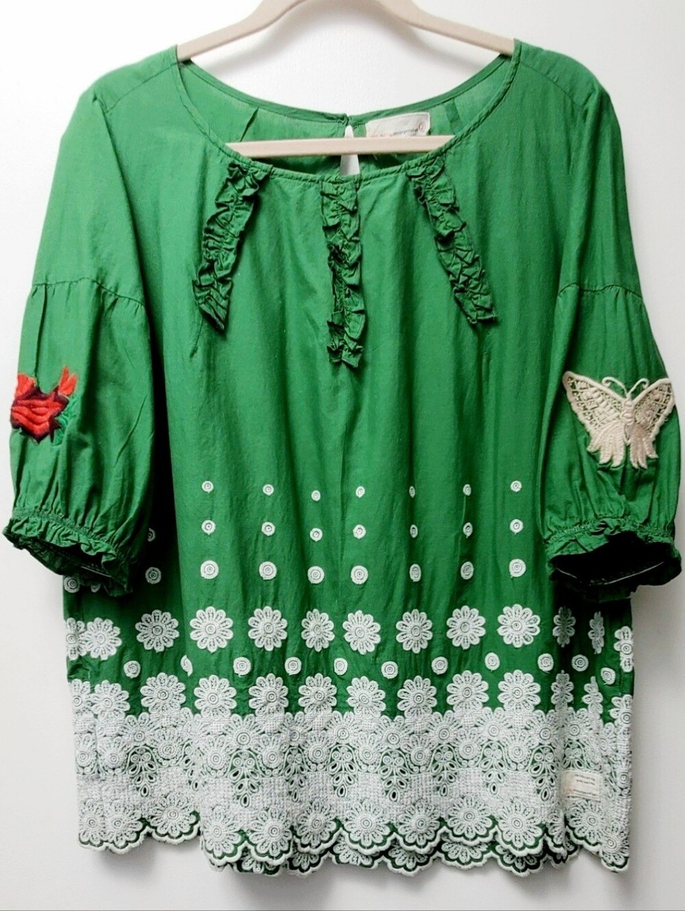 Odd Molly Uncorporated Green Floral Embroidered Ruffle Top 3/4 Sleevees Size M